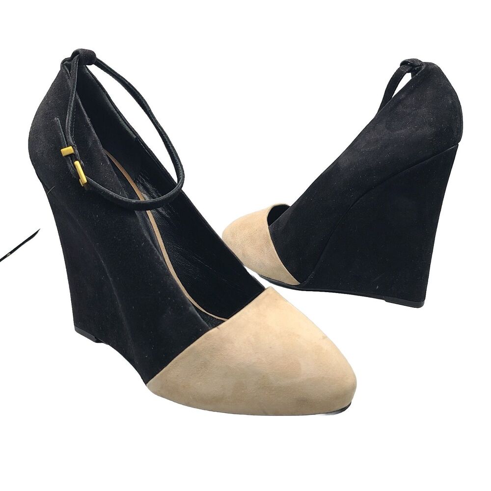 Celine Suede wedge pumps shoes Black beige Color Block Ankle Strap Size 39.5 9.5